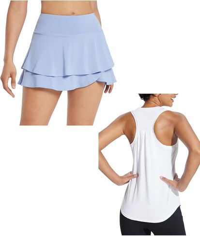 BALEAF Women's 14" Tennis Skirts Golf Skorts & Workout Tank Top Racerback Blue&White M in Saudi Arabia