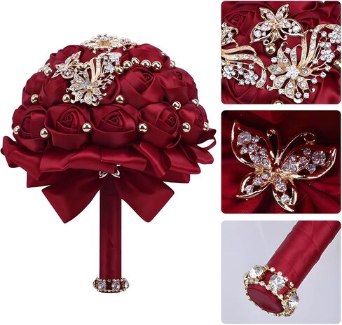 7 Inch Wedding Bouquet Red Satin Flower Bridal Holding Bridesmaid Button Brooch Artificial Rose Bouquet for Indoor Outdoor Wedding Bridal Shower Bouquet Quinceanera (#306 Bright Burgundy) in Saudi Arabia