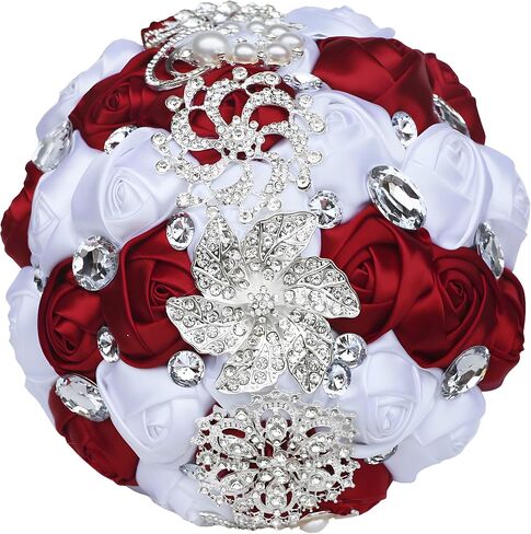 7 Inch Wedding Bouquet Red Satin Flower Bridal Holding Bridesmaid Button Brooch Artificial Rose Bouquet for Indoor Outdoor Wedding Bridal Shower Bouquet Quinceanera (#306 Bright Burgundy) in Saudi Arabia