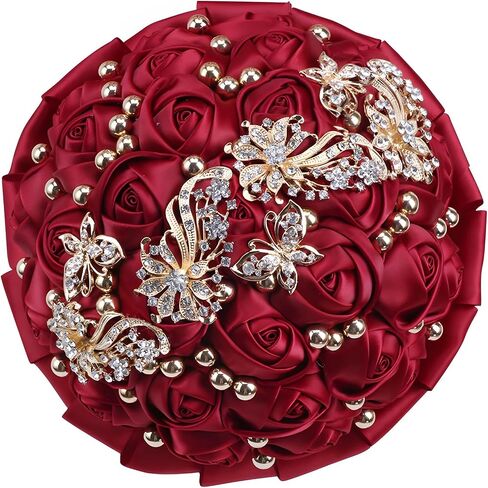 7 Inch Wedding Bouquet Red Satin Flower Bridal Holding Bridesmaid Button Brooch Artificial Rose Bouquet for Indoor Outdoor Wedding Bridal Shower Bouquet Quinceanera (#306 Bright Burgundy) in Saudi Arabia