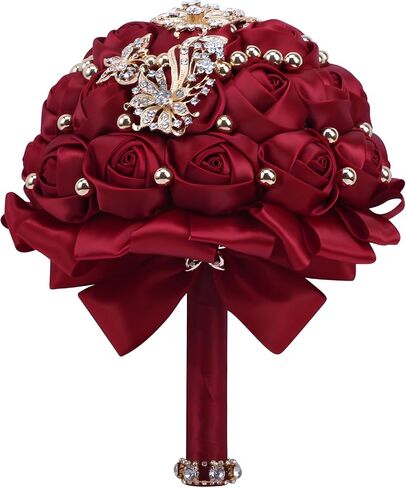 7 Inch Wedding Bouquet Red Satin Flower Bridal Holding Bridesmaid Button Brooch Artificial Rose Bouquet for Indoor Outdoor Wedding Bridal Shower Bouquet Quinceanera (#306 Bright Burgundy) in Saudi Arabia
