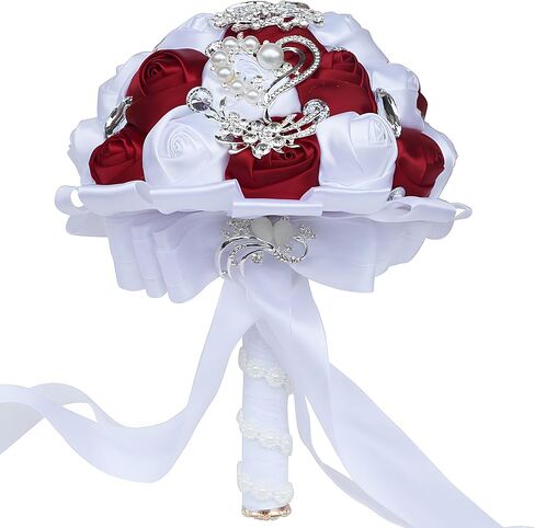 7 Inch Wedding Bouquet Red Satin Flower Bridal Holding Bridesmaid Button Brooch Artificial Rose Bouquet for Indoor Outdoor Wedding Bridal Shower Bouquet Quinceanera (#306 Bright Burgundy) in Saudi Arabia