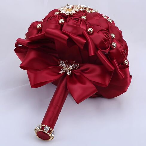 7 Inch Wedding Bouquet Red Satin Flower Bridal Holding Bridesmaid Button Brooch Artificial Rose Bouquet for Indoor Outdoor Wedding Bridal Shower Bouquet Quinceanera (#306 Bright Burgundy) in Saudi Arabia