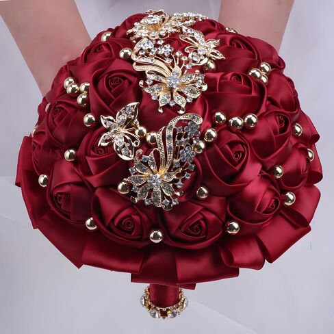 7 Inch Wedding Bouquet Red Satin Flower Bridal Holding Bridesmaid Button Brooch Artificial Rose Bouquet for Indoor Outdoor Wedding Bridal Shower Bouquet Quinceanera (#306 Bright Burgundy) in Saudi Arabia