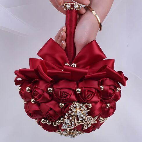 7 Inch Wedding Bouquet Red Satin Flower Bridal Holding Bridesmaid Button Brooch Artificial Rose Bouquet for Indoor Outdoor Wedding Bridal Shower Bouquet Quinceanera (#306 Bright Burgundy) in Saudi Arabia
