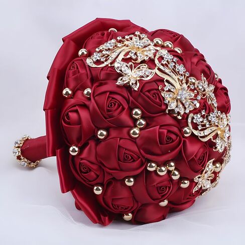 7 Inch Wedding Bouquet Red Satin Flower Bridal Holding Bridesmaid Button Brooch Artificial Rose Bouquet for Indoor Outdoor Wedding Bridal Shower Bouquet Quinceanera (#306 Bright Burgundy) in Saudi Arabia