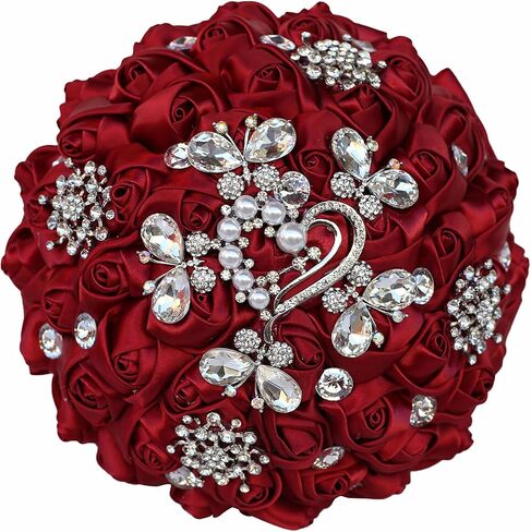 7 Inch Wedding Bouquet Red Satin Flower Bridal Holding Bridesmaid Button Brooch Artificial Rose Bouquet for Indoor Outdoor Wedding Bridal Shower Bouquet Quinceanera (#306 Bright Burgundy) in Saudi Arabia
