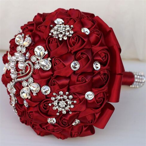 7 Inch Wedding Bouquet Red Satin Flower Bridal Holding Bridesmaid Button Brooch Artificial Rose Bouquet for Indoor Outdoor Wedding Bridal Shower Bouquet Quinceanera (#306 Bright Burgundy) in Saudi Arabia