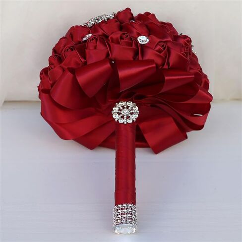 7 Inch Wedding Bouquet Red Satin Flower Bridal Holding Bridesmaid Button Brooch Artificial Rose Bouquet for Indoor Outdoor Wedding Bridal Shower Bouquet Quinceanera (#306 Bright Burgundy) in Saudi Arabia