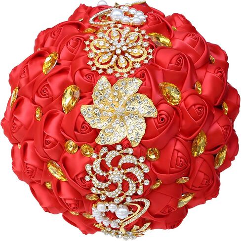 7 Inch Wedding Bouquet Red Satin Flower Bridal Holding Bridesmaid Button Brooch Artificial Rose Bouquet for Indoor Outdoor Wedding Bridal Shower Bouquet Quinceanera (#306 Bright Burgundy) in Saudi Arabia