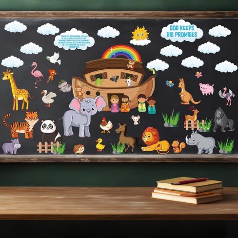 79 Pcs Noah's Ark Bulletin Board Set Includes Noah's Ark Farm Animal Cut Outs and 100 Pcs Glue Points Colorful Paper Bulletin Board Decoration for School Classroom Party Supplies in Saudi Arabia