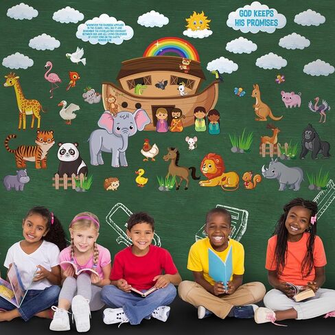 79 Pcs Noah's Ark Bulletin Board Set Includes Noah's Ark Farm Animal Cut Outs and 100 Pcs Glue Points Colorful Paper Bulletin Board Decoration for School Classroom Party Supplies in Saudi Arabia