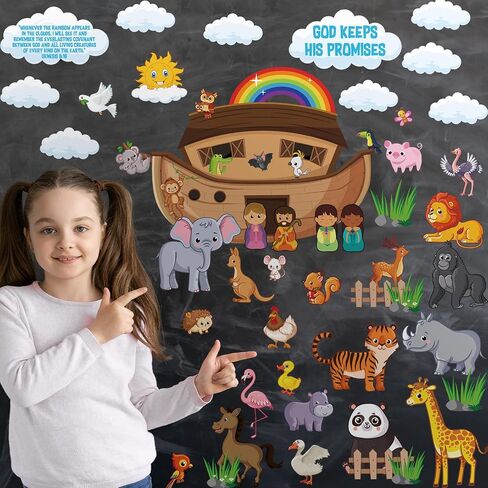 79 Pcs Noah's Ark Bulletin Board Set Includes Noah's Ark Farm Animal Cut Outs and 100 Pcs Glue Points Colorful Paper Bulletin Board Decoration for School Classroom Party Supplies in Saudi Arabia