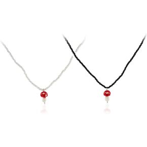 Pingyongchang Cute 4pcs Colorful Beads Chain Dainty Mushroom Shape Pendant Necklace Set Sweet Fresh Vegetables Mushroom Choker Jewelry Set for Women Girls men