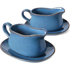 LE TAUCI 17oz Gravy Boat with Saucer Stand, Set of 2, Ceramic Sauce Boat with Tray for Salad Dressings, Creamer, Broth, Black Pepper, Ceylon Blue