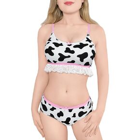 Littleforbig Lacy Trim Women Nightwear Strap Sleepwear Cami Top Shorts Lingerie Bralette Loungewear Set - Milk Cow