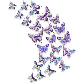 pinkblume Floral Purple Butterfly Decorations Stickers Lavender Flower 3D Butterfies Wall Art Removable Wall Decals for Pastel Lilac Home Living Room Baby Bedroom Showcase Nursery Wall Decor (35PCS)