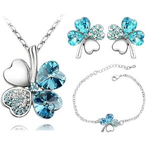 AILUOR Four Leaf Clovers Jewelry Set, Fashion Austrian Crystal Lucky Four Leaf Clover Necklace Bracelet or Earrings for Women Girl Wedding Party Gift