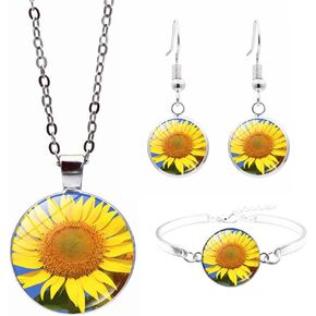 Yellow Sunflower Pendant Necklace Earrings Bracelet Inspirational Sunflower Necklace for Women Girls Charm Sunflower Drop Earrings Spring Flower Jewelry Set