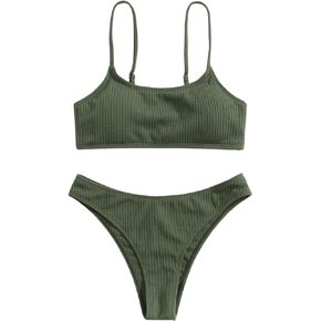 WDIRARA Women's 2 Piece Ribbed Knit Textured Swimwear Set Wireless Bra & Hipsters Bottom Swimsuit Sets Bathing Suit