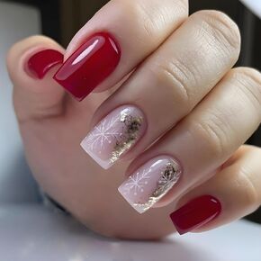 Winter Press on Nails Snowflake Fake Nails, LPOODDNU Christmas Press on Nails Medium Square False Nails Glossy Silver Glitter Glue on Nails Cute Winter Xmas Stick on Nails Medium for Women, 24Pcs