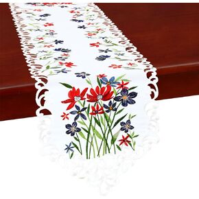 Simhomsen Small Short Embroidered Red, Blue and White July 4th Holiday Patriotic Table Runners for American Independence Day and Memorial Day (13 × 34 Inches)