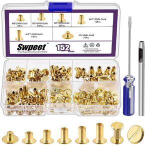 Swpeet 152Pcs M5x5mm, 6mm, 8mm, 10mm, 12mm Black Screws Leather Rivets Assorted with Hole Punch and Screwdriver, Round Flat Head Stud Screw for DIY Leather Craft and Bookbinding
