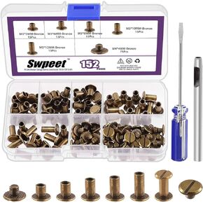 152 قطعة من Swpeet M5x5 مم، 6 مم، 8 مم، 10 مم، 12 مم مسامير جلدية ذهبية متنوعة مع ثقب ومفك براغي، برغي رأس مسطح مستدير للحرف الجلدية وتجليد الكتب