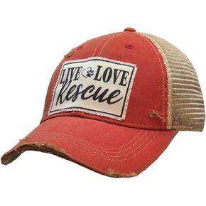 Vintage Life Live Love Rescue Distressed Trucker Cap, One Size, Light Red, Headwear Accessories