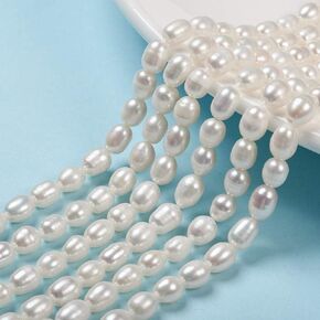 BB Beadthoven 120pcs/3strands Natural Cultured Freshwater Pearl Beads 7-8mm Oval Rice Shaped Pearl Beads Loose Spacers for DIY Necklace Bracelets Jewelry Making Crafts (Creamy White)