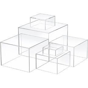 6 Pcs Acrylic Display Risers Acrylic Clear Cube Boxes Risers Display Stands Organizer 5 Sided with Hollow Bottoms Display Stand Shelf for Cosmetics Jewelry Display Candy Table Decor, 6 Sizes