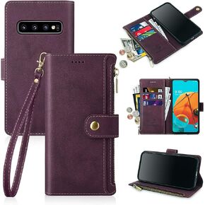 Antsturdy Samsung Galaxy S10+ /S10 Plus Wallet case with Card Holder for Women Men,Galaxy S10+ /S10 Plus Phone case RFID Blocking PU Leather Flip Cover with Strap Zipper Credit Card Slots,Wine Red