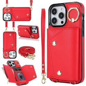 LUVI Compatible with iPhone 15 Pro Wallet Case with Card Holder Crossbody Neck Strap Lanyard Wrist Strap Purse for Women PU Leather Flip Case with Credit Card Kickstand Stand Case Black