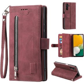EYZUTAK Wallet Phone Case for Samsung Galaxy A13 5G/4G/A04S, Retro Matte 9 Card Holder Slots Zipper Pocket Case PU Leather Magnetic Closure Kickstand Wrist Strap Shockproof Folio Flip Cover - Blue