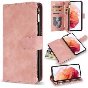 ZZXX for Samsung Galaxy S21 Wallet Case with Card Slot Premium Soft PU Leather Zipper Flip Folio Wallet with Wrist Strap Kickstand Protective for Samsung Galaxy S21 Case(Black 6.2 inch)