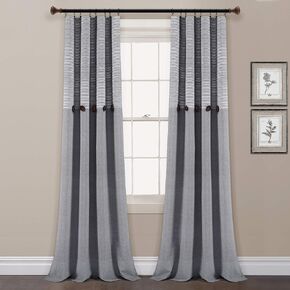 Lush Decor Beige Linen Farmhouse Woven Cotton Window Curtain Panel Set, Button Stripe, Yarn Dyed (84" x 40")