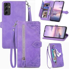 for Samsung Galaxy A14 Case Wallet,A14 Wallet Case for Women,Embossed PU Leather Protective Cover Magnetic Strap Zipper Card Holder Flip Phone Case for Samsung A14 5G(2023) (Blue)