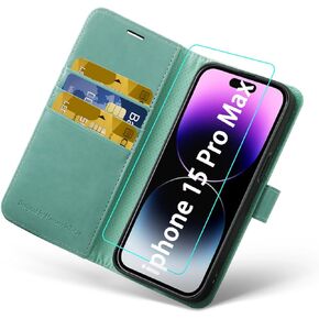 MONASAY Wallet Case Compatible for iPhone 15 Pro Max 5G, 6.7-inch, [Glass Screen Protector Included] [RFID Blocking] Flip Folio Leather Cell Phone Cover with Credit Card Holder, Black