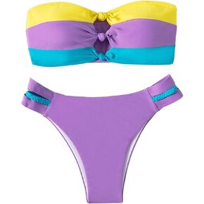 WDIRARA Women's 2 Piece Cut Out Colorblock Bandeau Swimsuit Set High Waist Tummy Control Bikini Swimwear Sets