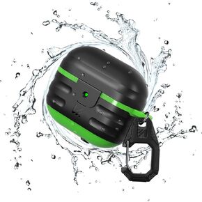 Airpods 3 Case, KMMIN Waterproof AirPods 3rd Generation Case with Premium Carabiner, Hard Shell Case for AirPods 3rd Generation, Compatible Wireless Charging, Front LED Visible Light (Black&Green)