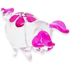 Tiny 1¼" Long Clear Pink Flower Pig Figurine - Miniature Hand Blown Painted Glass Pigs Piglet Swine Hog Farm Animals Small Crystal Decorative Collectible Figurines Décor Gifts