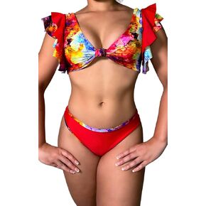 Red Moving Ruffle Bikini Set - Bathing Suit for Women, Bikini, Swimsuit, Two Piece, Tan, Red, Bust, Beach, Lake, Pool.