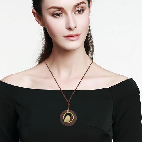Bohemian Necklace for Women Choker Necklace Long Cord Wooden Pendant Neckalce Vintage Alloy Pendant Rope Sweater Necklace Jewelry Gifts for Girls in Saudi Arabia