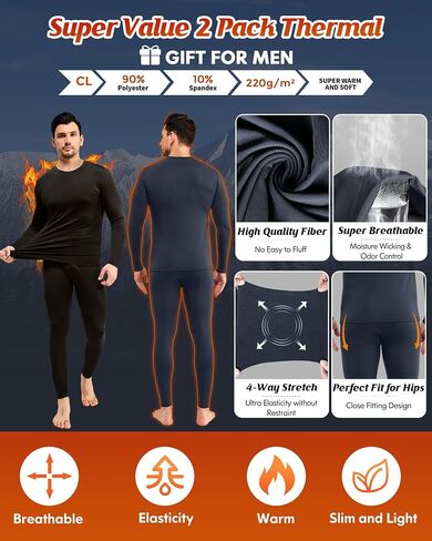 CL convallaria 2 Pack Long Johns Thermal Underwear for Men Soft Fleece Lined Base Layer Cold Weather Set XS-4XL in Saudi Arabia
