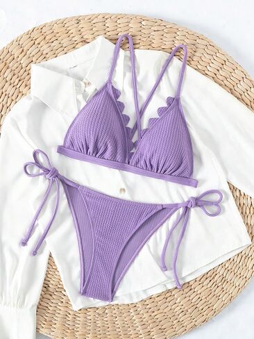 SOLY HUX Bikini Sets for Women Scallop Trim Tie Side Bathing Suits Two Piece Swimsuit in Saudi Arabia