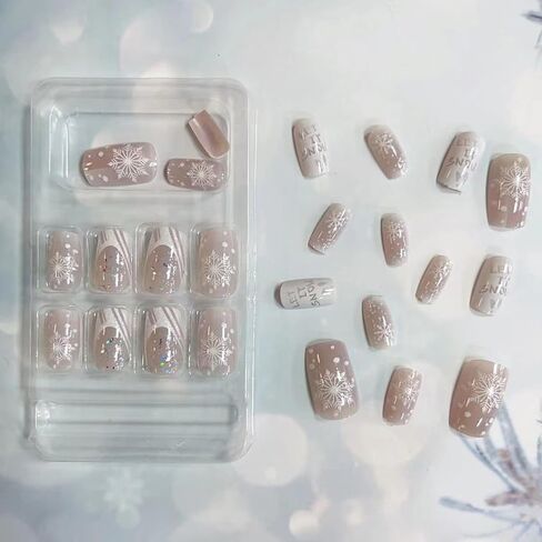 ضغط الشتاء على الأظافر ندفة الثلج الأظافر وهمية، LPOODDNU عيد الميلاد اضغط على الأظافر متوسطة مربعة الأظافر كاذبة لامعة فضية لامعة الغراء على الأظافر لطيف الشتاء عيد الميلاد عصا على الأظافر متوسطة للنساء، 24 قطعة in Kuwait