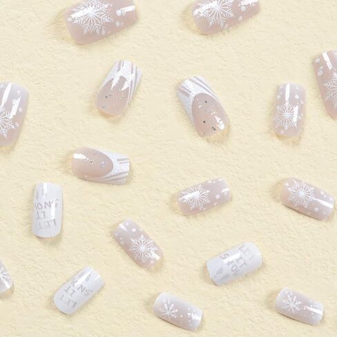 ضغط الشتاء على الأظافر ندفة الثلج الأظافر وهمية، LPOODDNU عيد الميلاد اضغط على الأظافر متوسطة مربعة الأظافر كاذبة لامعة فضية لامعة الغراء على الأظافر لطيف الشتاء عيد الميلاد عصا على الأظافر متوسطة للنساء، 24 قطعة in Kuwait