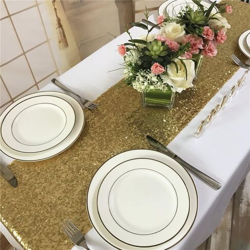 مفرش طاولة بالترتر من Trlyc - مفرش طاولة بالترتر الذهبي مقاس 30.48 سم × 25.4 سم، بريق لامع أنيق مستطيل لحفلات الزفاف وديكور طاولة جليتز ذهبي in Kuwait