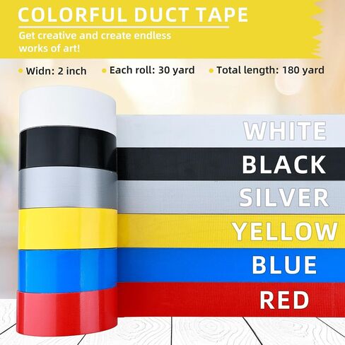 6 Pack Colored Duct Tape Heavy Duty Waterproof, 1.88 Inch x 30 Yards Per Rolls, Total 180 Yard (540Ft), Black White Silver Yellow Red Blue, Indoor & Outdoor Use, No Residue, Tear by Hand in Saudi Arabia