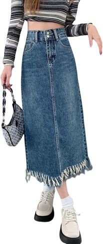 تنورة Viatabuna النسائية متوسطة الطول من قماش الدنيم بخصر عالٍ وشرابة وحاشية خام وفتحة خلفية على شكل حرف A تنورة طويلة من الجينز in Kuwait